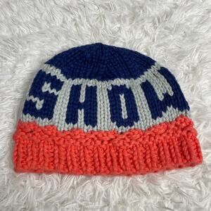 BCBGeneration Show Tell Knit Winter Beanie Navy Blue Coral & Gray Stretch Hat OS